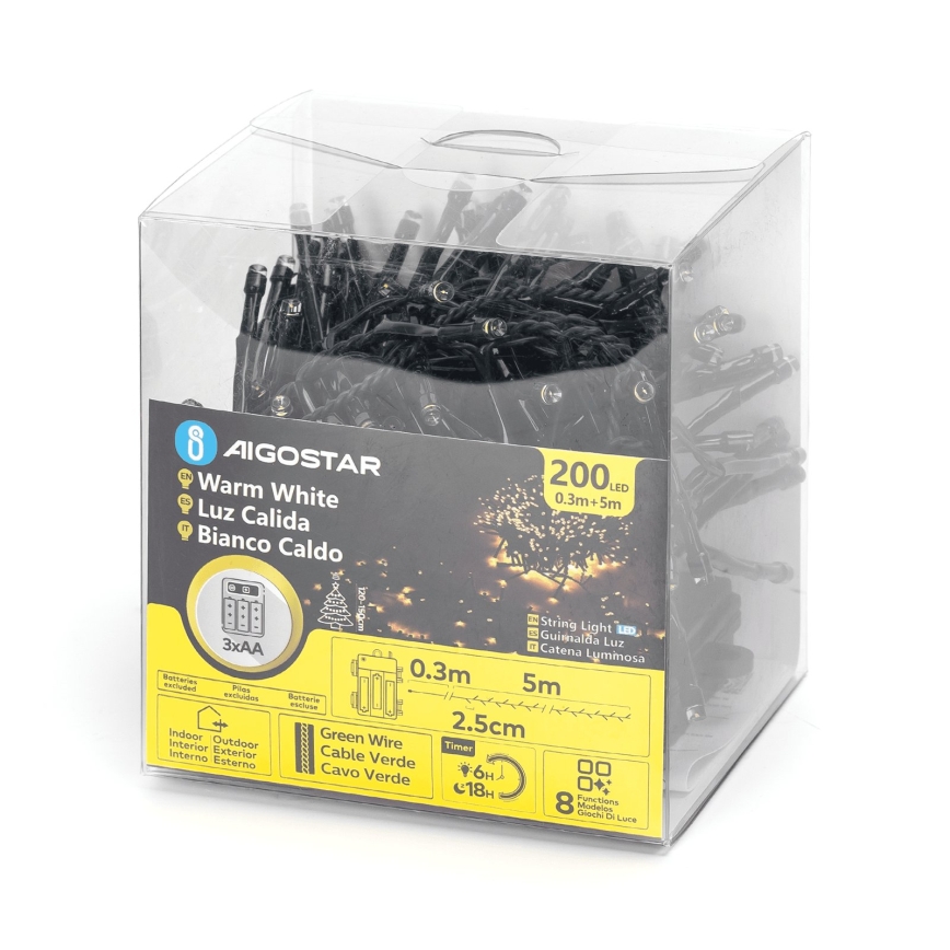 Aigostar - LED välijõulutuled 200xLED/8 režiimi 3xAA 5,3m IP44 soe valge