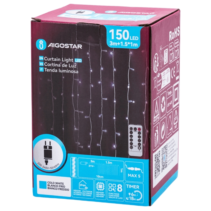 Aigostar - LED välistingimuste jõulutuled 150xLED/6W/230V/8 funktsiooniga 1,5x1m IP44 külmvalge + kaugjuhtimispult