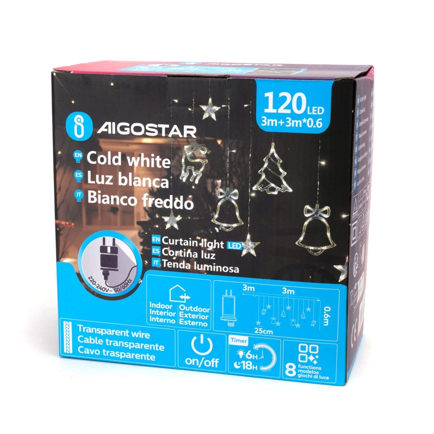 Aigostar - LED välitingimustesse mõeldud jõulukett 120xLED/8 funktsiooni 3x0,6m IP44 külmvalge + puldiga juhtimine
