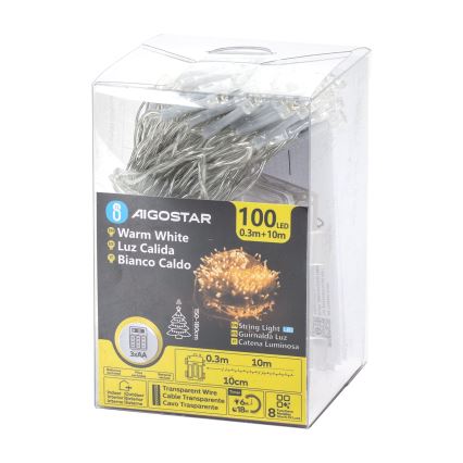 Aigostar -LED Väline valguskett 100xLED/8 funktsiooni 3xAA 10,3m IP44 soe valge