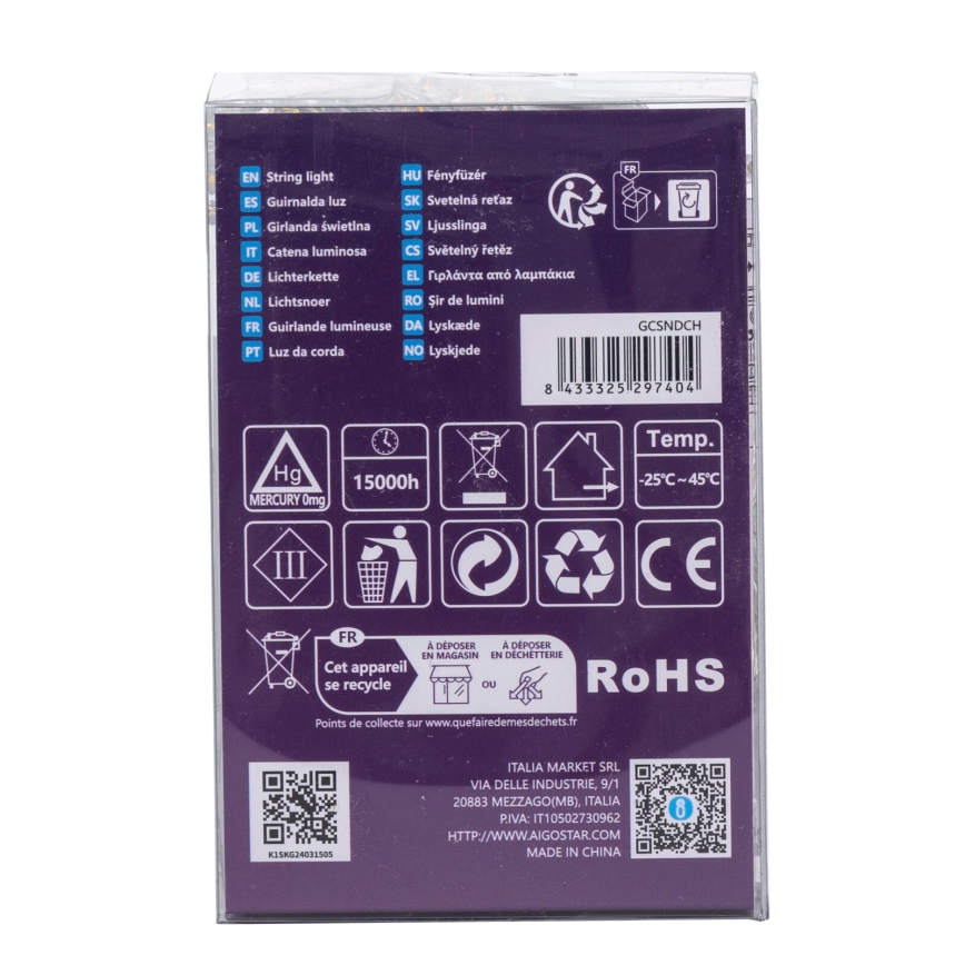 Aigostar -LED Väline valguskett 100xLED/8 funktsiooni 3xAA 10,3m IP44 soe valge