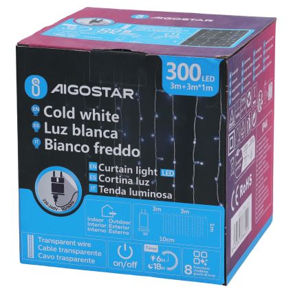 Aigostar - LED välistingimustes kasutatav jõulukett 300xLED/8 funktsiooni 3x1m IP44 külmvalge + kaugjuhtimispult