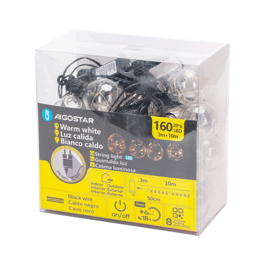 Aigostar - LED välistingimustes kasutatav dekoratiivne valguskett 160xLED 10m IP44 soe valge