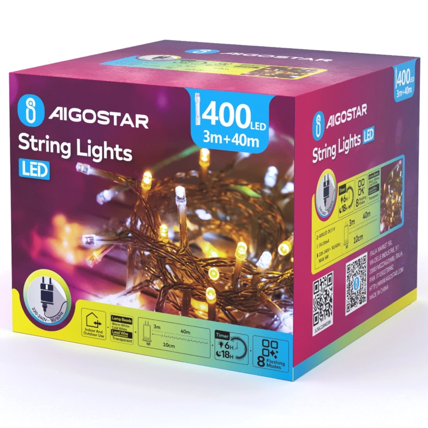 Aigostar - LED välistingimustes kasutatav jõulutuled 400xLED/8 funktsiooni 43m IP44 soe valge/külm valge