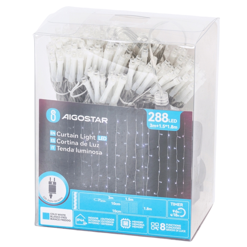 Aigostar - LED väljas jõulukett 288xLED/8 funktsiooniga 1,5x1,8m IP44 külmvalge