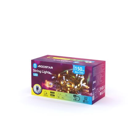 Aigostar - LED välistingimustesse mõeldud jõulutuled 150xLED/8 valgustusrežiimi 18m IP44 soe valge/külm valge