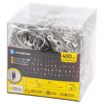 Aigostar - LED väljas kasutatav jõulukett 400xLED/8 funktsiooni 20x0,4m IP44 soe valge