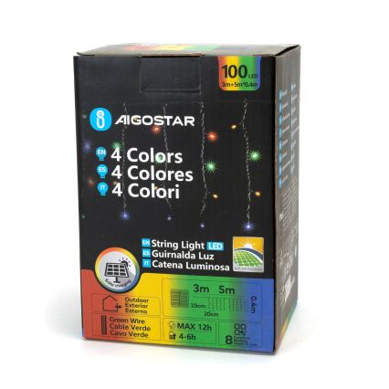 Aigostar - LED päikesepaneeliga jõulutuled 100xLED/8 funktsiooni 8x0,4m IP65 mitmevärviline 1200 mAh