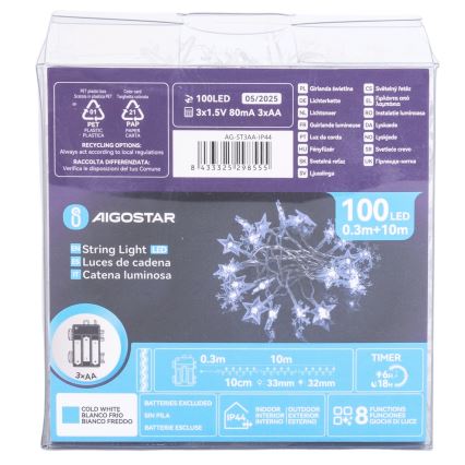 Aigostar - LED välitingimustes kasutatav jõulukaabel 100xLED/8 funktsiooni 3xAA 10 m IP44 külmvalge
