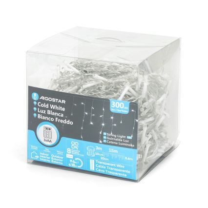 Aigostar - LED välitingimustesse mõeldud jõulutuled 300xLED/8 funktsiooni 3xAA 18x0,6 m IP44 külmvalge