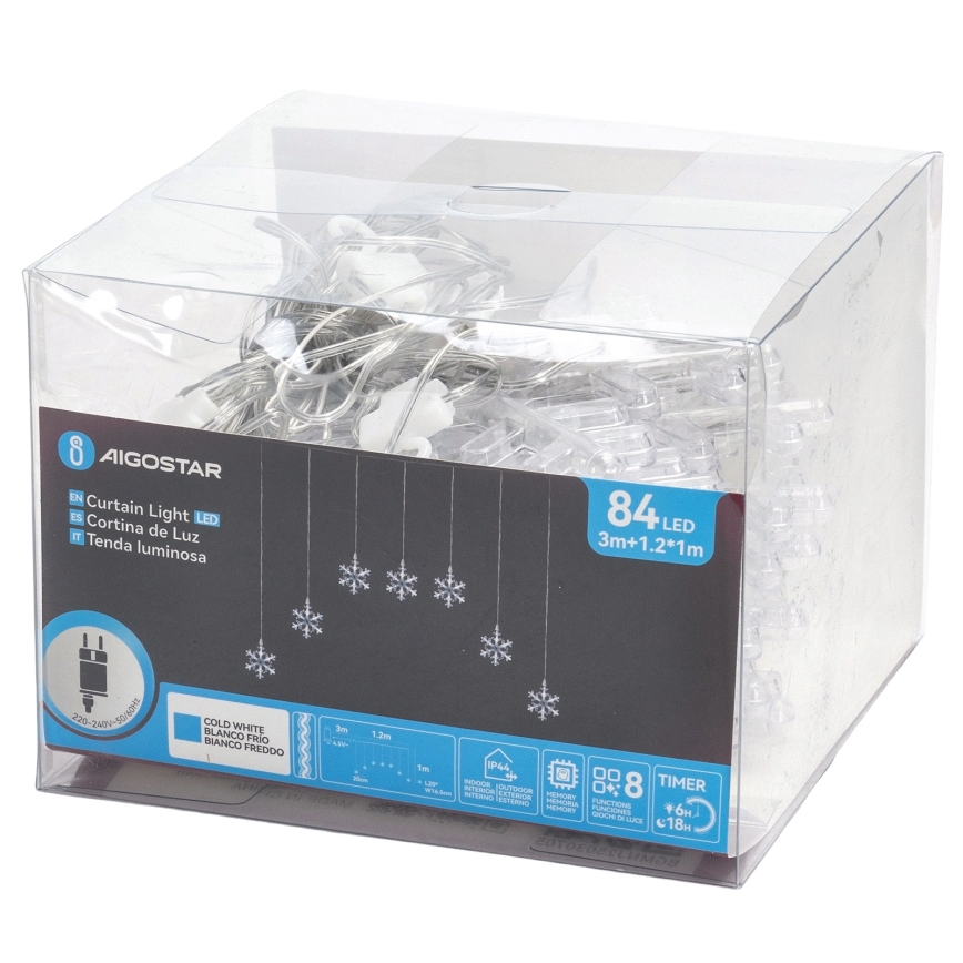 Aigostar - LED välistingimuste jõulutuled 84xLED/8 režiimi 1,2x1m IP44 külm valge lumehelbed