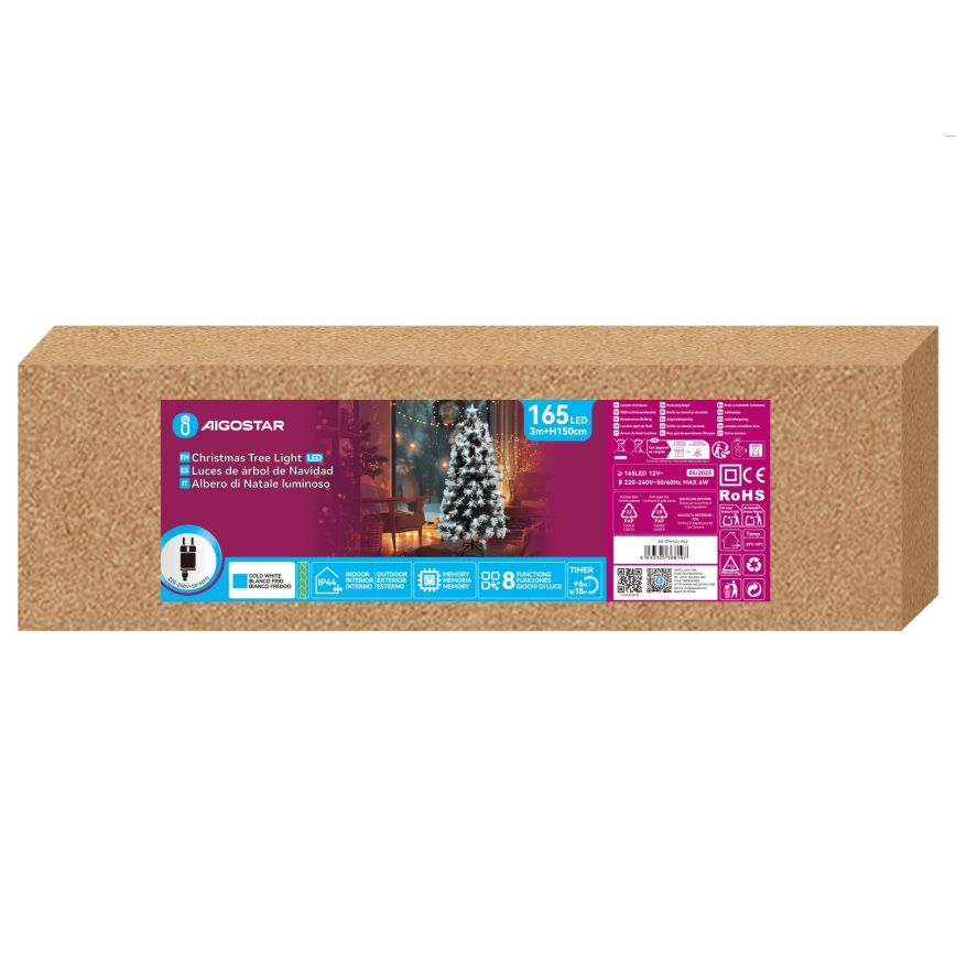 Aigostar - LED väljas kasutatav jõulupuu 165 LED/8 funktsiooni 1,5 m IP44 külmvalge