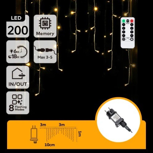 Aigostar - LED välistingimuste jõulutuled 200xLED/6W/230V/8 erinevat režiimi 3x1m IP44 soe valge + kaugjuhtimispult