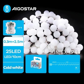 Aigostar - LED välistingimuste jõulutuled 25xLED/3xAA/8 funktsiooni 2,8 m IP44 külm valge