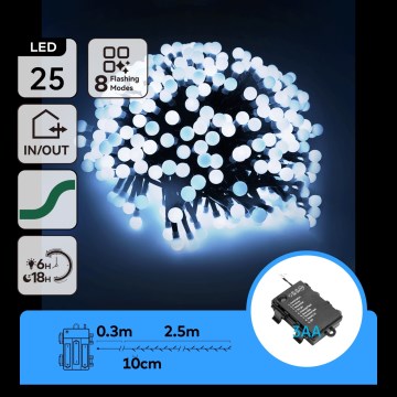 Aigostar - LED välistingimuste jõulutuled 25xLED/8 funktsiooni 3xAA 2,8m IP44 külmvalge