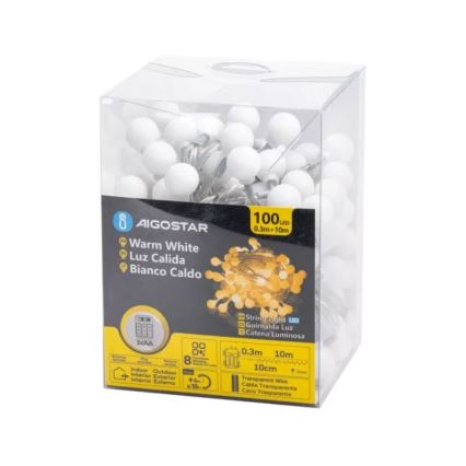 Aigostar - LED välisjõulutuled 100xLED/3xAA/8 funktsiooni 10,3 m IP44 soe valge