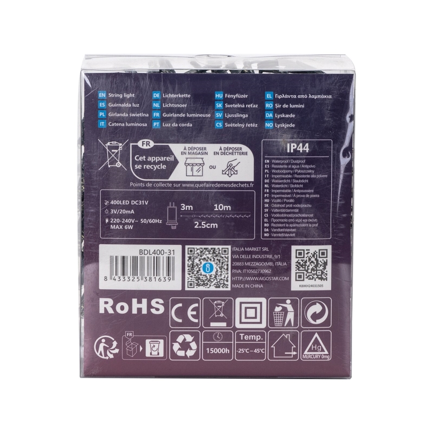 Aigostar - LED välistingimuste valguskett, 400 LED, 8 funktsiooniga, 13 m, IP44, külmvalge