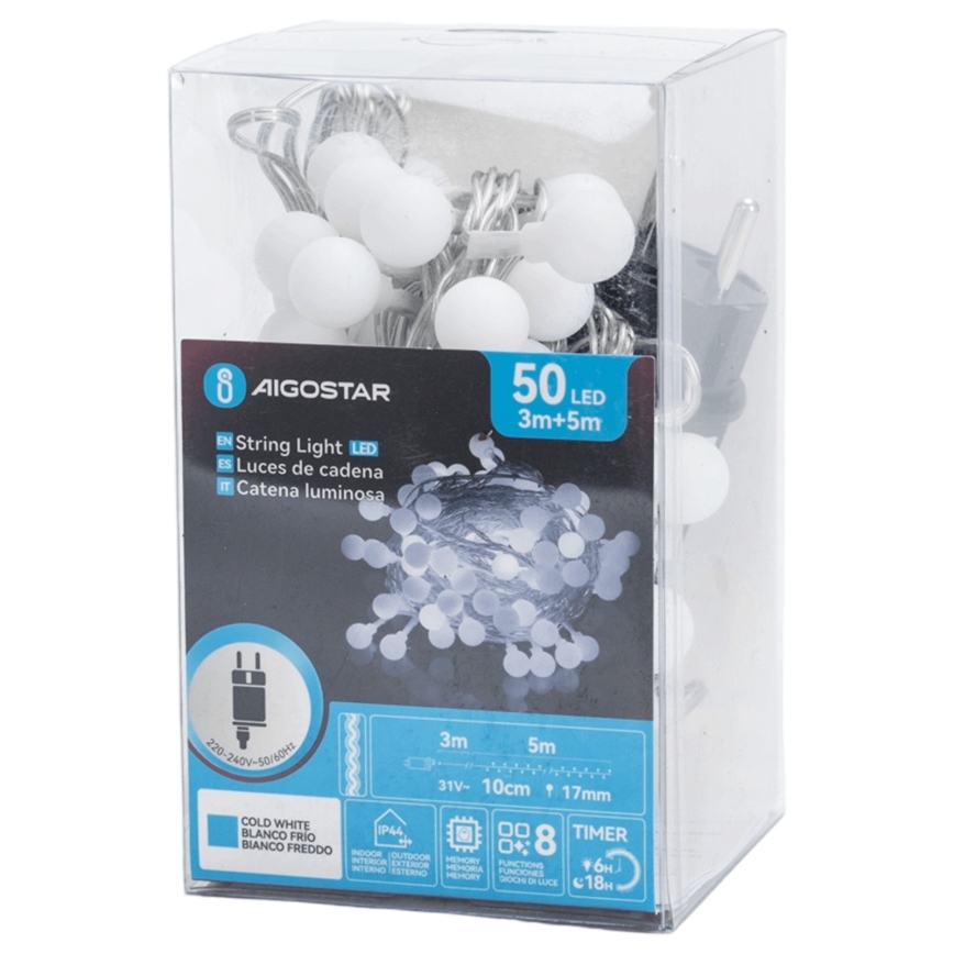 Aigostar - LED välisvalgustuse dekoratiivne valguskett 50×LED, 8 funktsiooni, 5 m, IP44, külmvalge