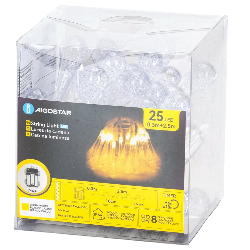 Aigostar - LED välisvalguskett 25xLED/8 funktsiooni 3xAA 2,5 m IP44 soe valge tilgad