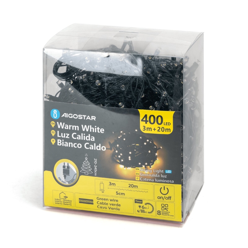 Aigostar - LED välistingimustele mõeldud jõulukett 400xLED/8 funktsiooni 23m IP44 soe valge