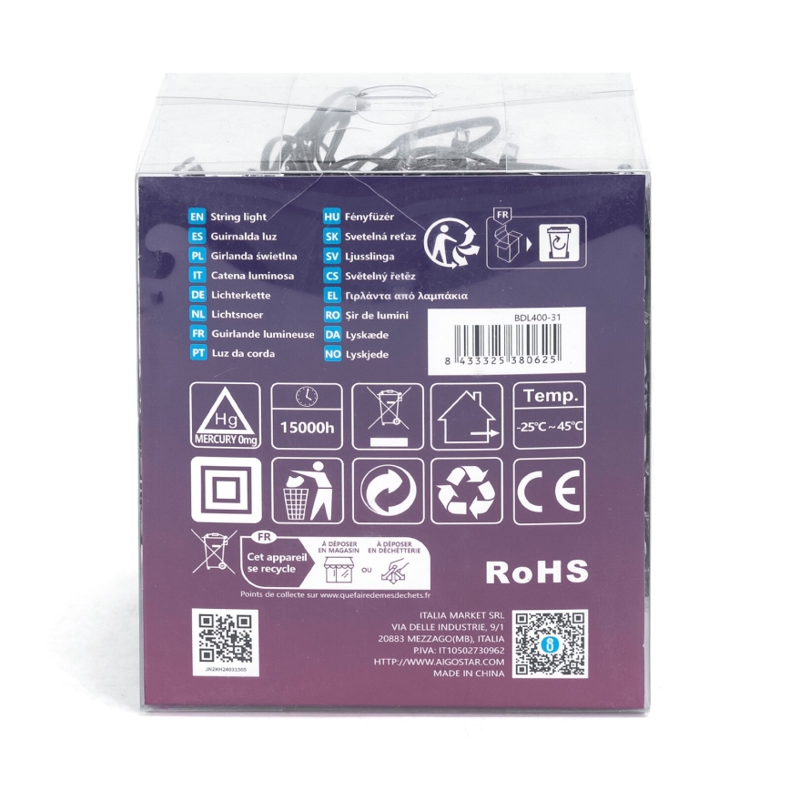 Aigostar - LED välistingimustele mõeldud jõulukett 400xLED/8 funktsiooni 23m IP44 soe valge