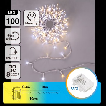 Aigostar - LED välistingimustele mõeldud jõulutuled 100xLED/8 funktsiooni 3xAA 10,3m IP44 soe valge/külm valge