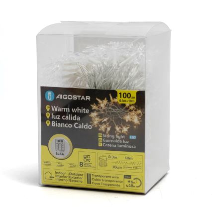 Aigostar - LED välitingimuste jõulukett 100xLED/8 funktsiooni 3xAA 10m IP44 soe valge tähekujulised