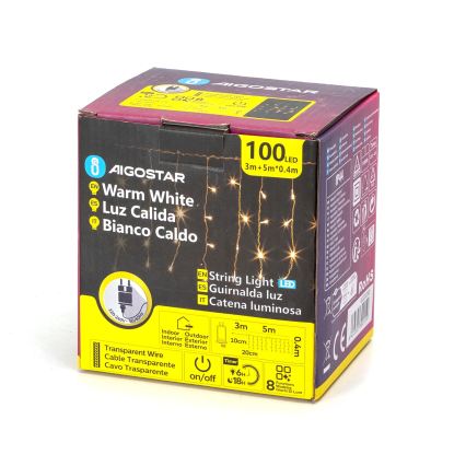 Aigostar - LED välistingimustele mõeldud jõulutulede rida 100xLED/8 režiimi 8x0,4m IP44 soe valge