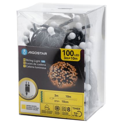 Aigostar - LED dekoratiivne välisvalguskett, 100 LED, 8 funktsiooniga, 10 m, IP44, soe valge