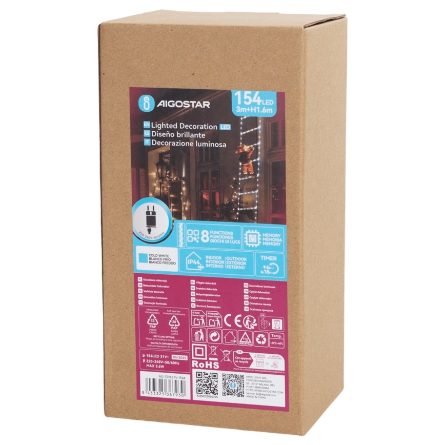 Aigostar - LED välistingimustesse mõeldud jõulukaunistus 154xLED/8 režiimi 1,6m IP44 külmvalge