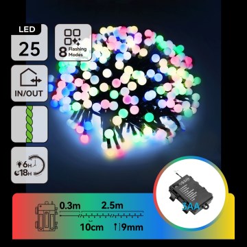 Aigostar - LED välistingimustes jõulukaunistuste valguskett 25xLED/8 funktsiooni 3xAA 2,8m IP44 mitmevärviline