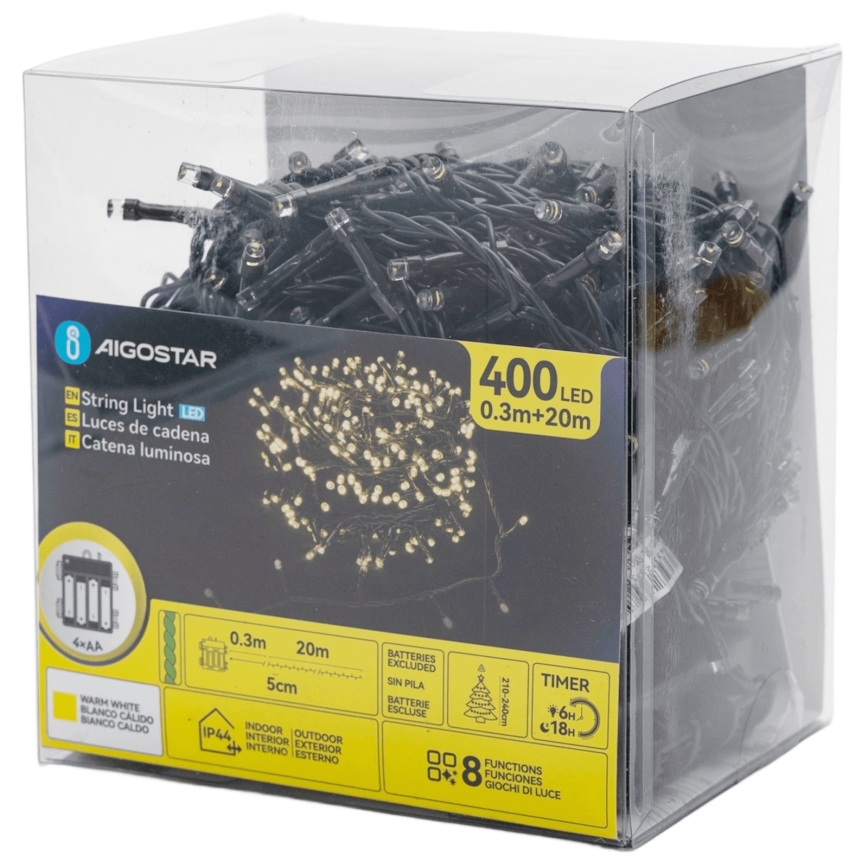 Aigostar - LED välistingimuste jõulutuled, 400 LED, 8 funktsiooni, 4×AA, 20,3 m, IP44, soe valge