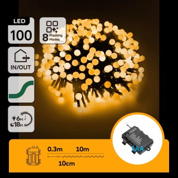 Aigostar - LED välistingimustes jõulukett 100xLED/8 funktsiooni 3xAA 10,3m IP44 soe valge