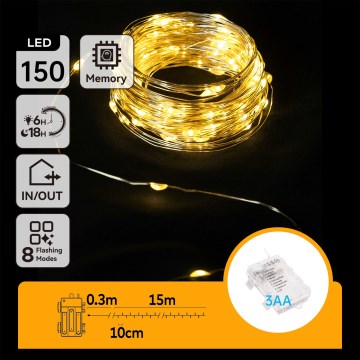 Aigostar -LED välistingimustes jõulukett 150xLED/8 funktsiooni 3xAA 15,3m IP44 soe valge