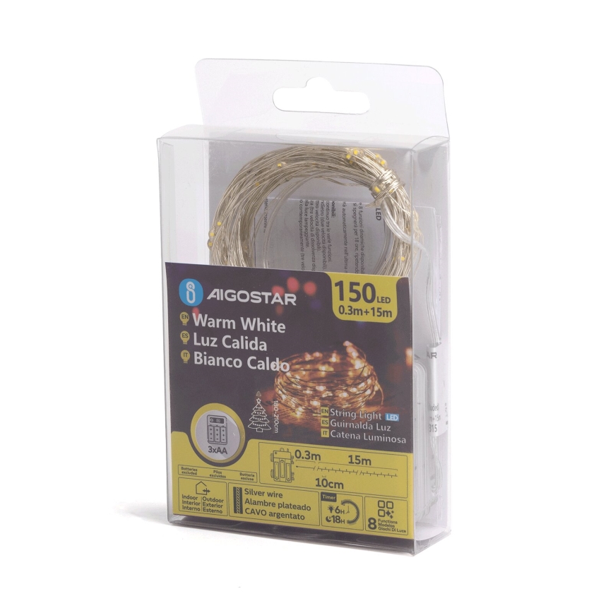 Aigostar -LED välistingimustes jõulukett 150xLED/8 funktsiooni 3xAA 15,3m IP44 soe valge