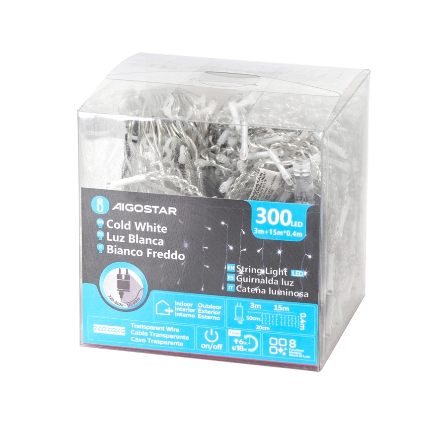 Aigostar - LED väljas jõulukaunistuste rida 300xLED/6W/230V/8 režiimi 15x0,4m IP44 külmvalge
