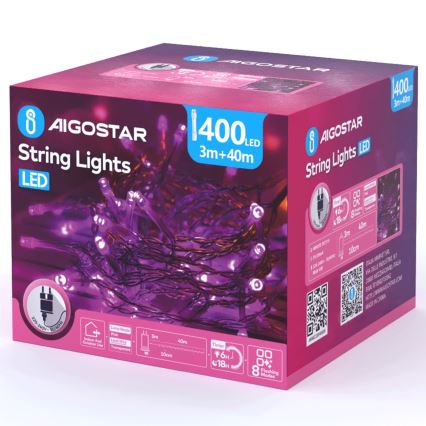Aigostar - LED välistingimustes jõulukett 400xLED/8 funktsiooni 43m IP44 roosa