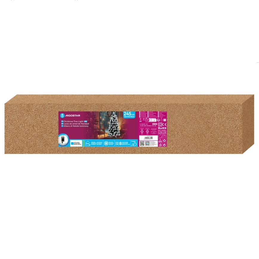 Aigostar - LED-välijõulupuu, 245 LEDi, 8 funktsiooni, 2,1 m, IP44, külmvalge