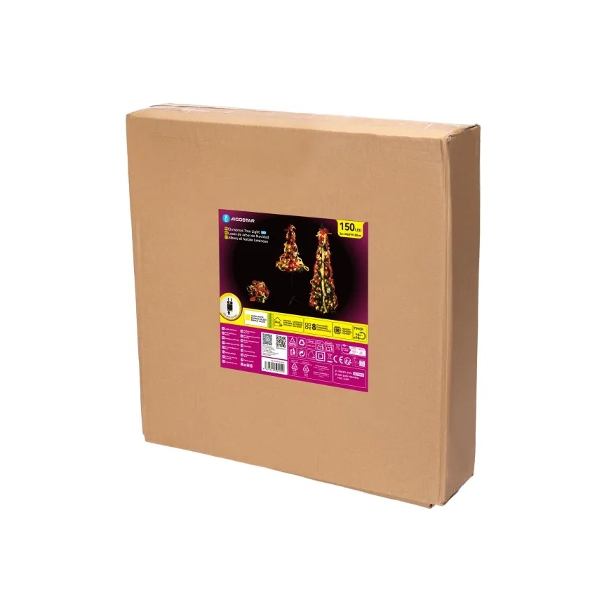 Aigostar - LED välisjõulupuu, 150 LED, 1,8 m, IP44, punane/kuldne, soe valge