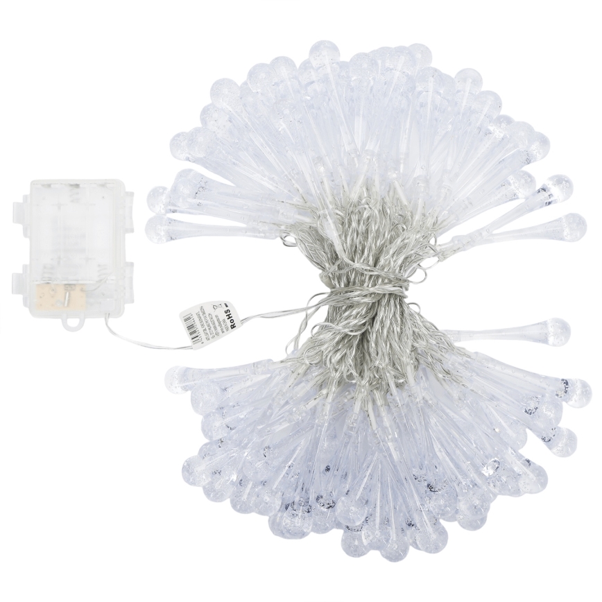 Aigostar - LED välistingimustesse mõeldud jõulutuled, 100×LED, 8 funktsiooni, 3×AA, 10 m, IP44, külmvalge, tilgakujulised