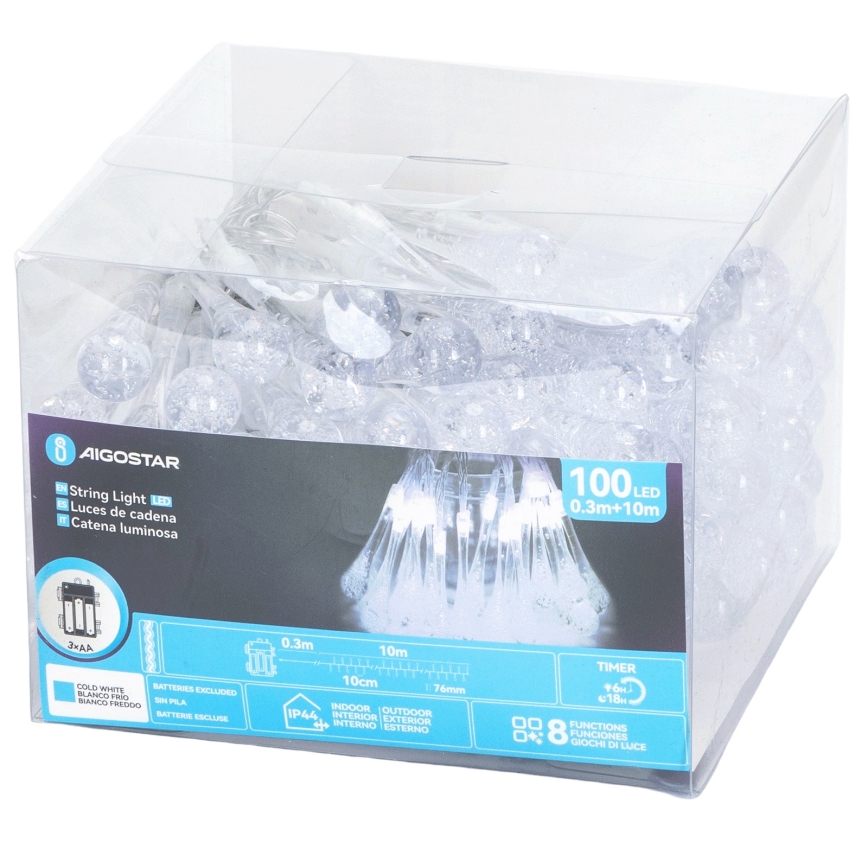 Aigostar - LED välistingimustesse mõeldud jõulutuled, 100×LED, 8 funktsiooni, 3×AA, 10 m, IP44, külmvalge, tilgakujulised