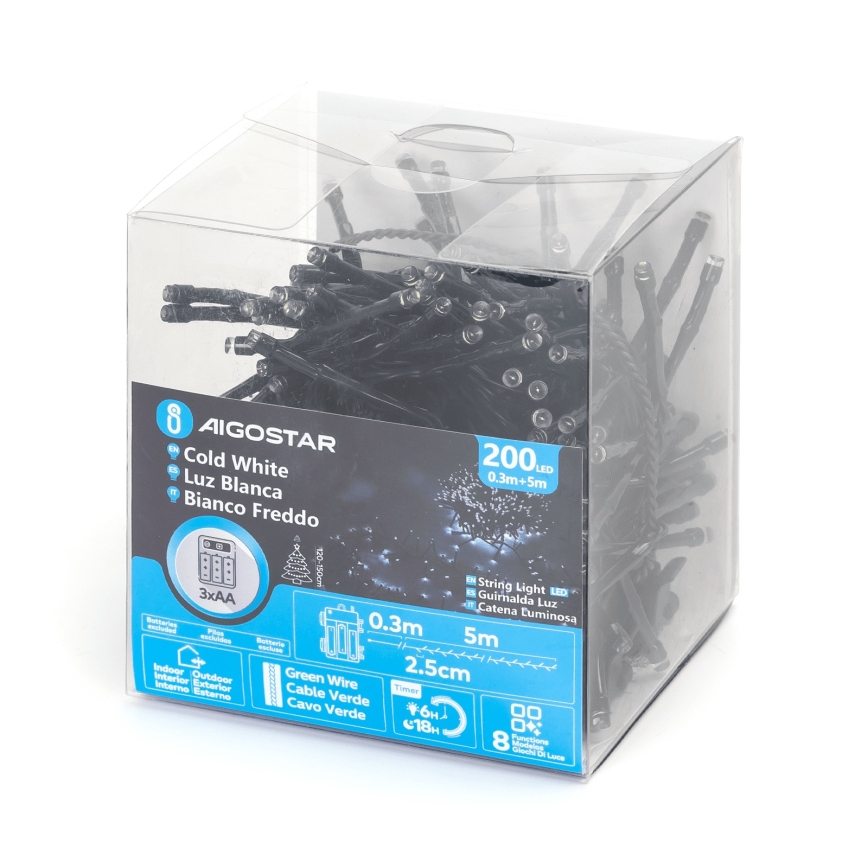 Aigostar - välitingimustesse mõeldud LED-jõulutuled 200xLED/8 funktsiooni 3xAA 5,3 m IP44 külmvalge