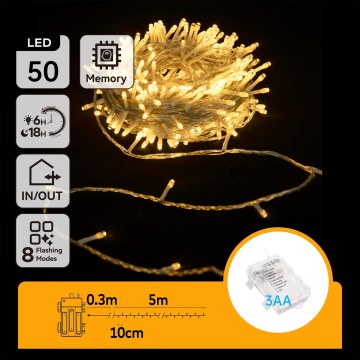 Aigostar - LED välistingimustes jõulutuled 50xLED/8 funktsiooni 3xAA 5,3m IP44 soe valge