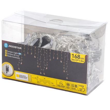 Aigostar - LED välitingimuste jõulutuled 168xLED/8 funktsiooni 3x1,5m IP44 soe valge tähed