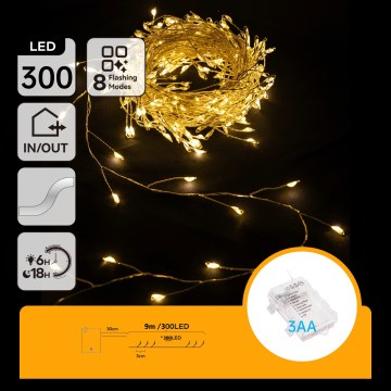 Aigostar - LED välistingimustes kasutatav jõulukaabel, 300 LED, 8 režiimi, 3×AA, 9,3 m, IP44, soe valge