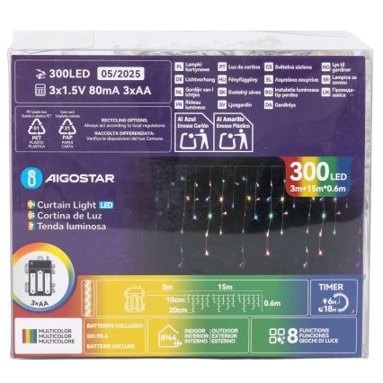 Aigostar - LED välistingimuste valguskett 300xLED/8 režiimi 3xAA 18x0,6 m IP44 mitmevärviline