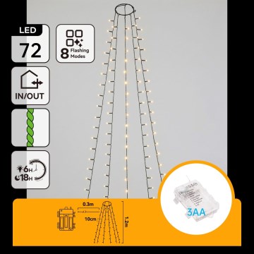 Aigostar - LED välistingimustes kasutatav jõulukaabel 72xLED/8 režiimi 3xAA 1,2m IP44 soe valge