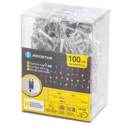 Aigostar - LED välistingimustes kasutatav jõulukaunistuste valgusketi 100xLED/8 funktsiooni 5x0,4m IP44 soe valge