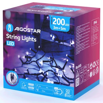 Aigostar - LED välistingimustes kasutatav jõulukett 200 LED/8 režiimi 8 m IP44 külmvalge