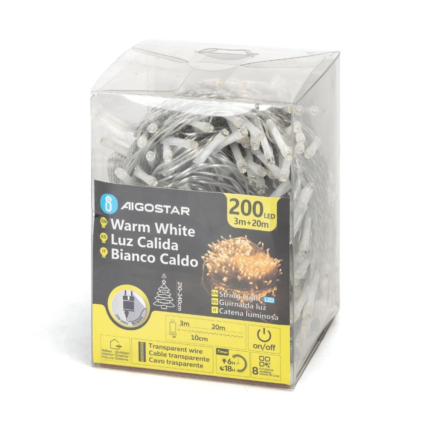 Aigostar - LED välistingimustes kasutatav jõulukett 200xLED/8 režiimi 23m IP44 soe valge